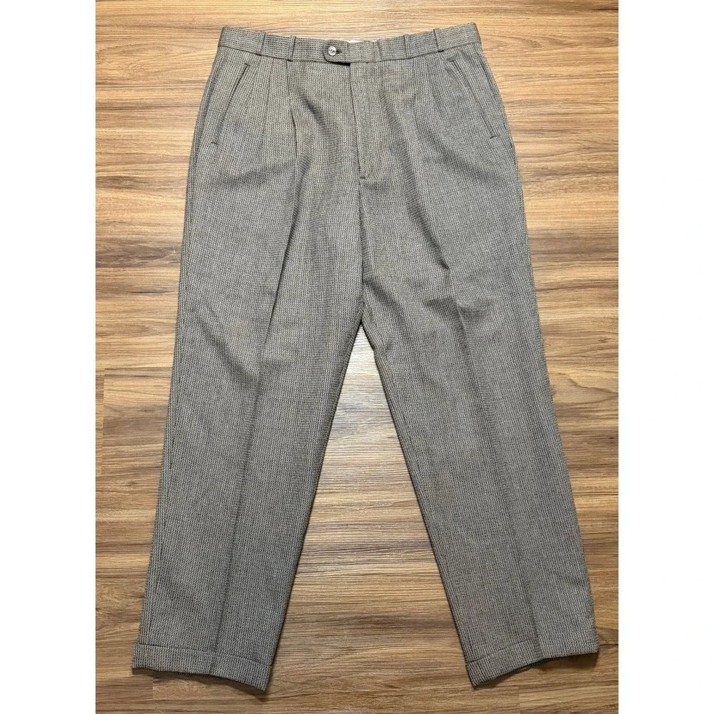VTG Greg Peters Mens Houndstooth Wool Pleated Cuffed Dress Pants Brown Sz 38x32